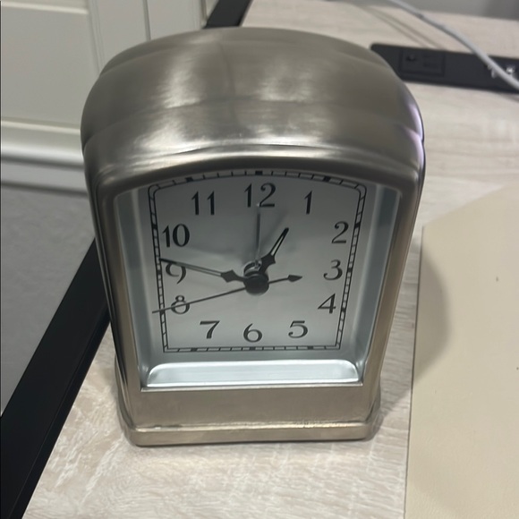 Pottery Barn Silver Brushed Nickel Desk Table Retro Art Deco Clock - Picture 2 of 9
